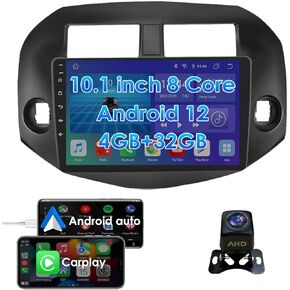 8 Core 4+32GB Android Car Radio for Toyota RAV4 2007-2012, 10.1" QLED GPS Stereo Support Wireless Apple Carplay Andriod Auto Bluetooth DSP SWC USB with 1080P Backup Camera