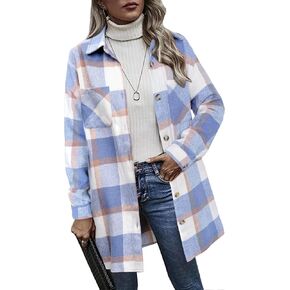 HOTOUCH Womens Flannel Plaid Shacket Jacket Casual Lapel Button Down Tartan Trench Coat Long Sleeve Shirts With Pockets