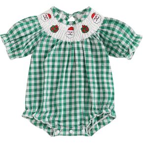 Toddler Baby Girl Halloween Outfits Pumpkin Print Plaid Puff Sleeve Bubble Smocked Romper Frill Trim Ruffle Jumpsuit