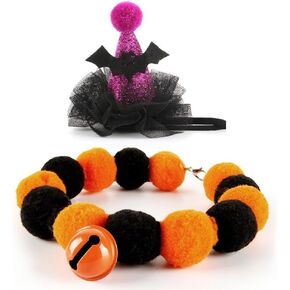 Halloween Cat Costumes Hat Collar Set 2 Pieces Pet Collar Bell Necklace and Pet Wizard Witch Hat Thanksgiving Christmas Costume for Cats Small Dogs (Orang, Large)