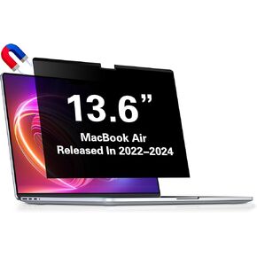 Privacy Screen for MacBook Air 13.6 Inch (2022-2024, M2, M3) - A2681, A3113 MagicSuction™ Removable Anti Spy Black Protector, Glare Blue Light Filter for Mac Laptop Computer