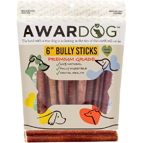 Odor-Free Bully Sticks (6 Inch, 6 Pack Medium Thickness), Fully Digestible 100% Beef Pizzle Chews, Grass-Fed, Grain-Free, Natural Long-Lasting Chews for Small & Large Dogs -6 Count