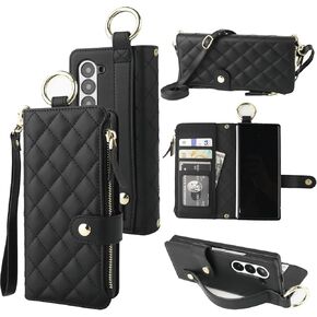 KIHUWEY for Galaxy Z Fold 6 Wallet Case with Card Holder Premium Leather Magnetic RFID Blocking Shockproof Zipper Wrist Strap Lanyard Cover for Samsung Galaxy Z Fold 6 7.6 Inch (Black)