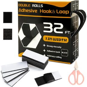 32 Ft × 1 Inch Hook and Loop Strips with Adhesive, 2 Rolls Black Self Sticky Double Sided Heavy Duty Strips, Sticky Back for Fabrics Nylon Adhesive Tape for Home Office School and Crafting
