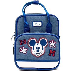 Disney Vegan Leather Crossbody Backpack for Men and Women with Adjustable Strap, Mickey Mouse Varsity Icons, Denim Blue