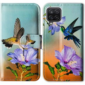 Bcov Case for Galaxy A12, Hummingbird Purple Flower Leather Flip Phone Case Wallet Cover with Card Slot Holder Kickstand for Samsung Galaxy A12 2021