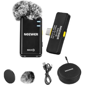 NEEWER Wireless Microphone Set for Phone with Type C Interface, Lav Mic for iPhone 15 Series Android Phone, Noise Cancelling Lapel Lavalier Microphone System, Video Recording Live Stream Podcast, KM15