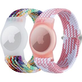 Meliya Elastic Nylon AirTag Bracelet for Kids, 2 Pack Nylon Watch Bands Compatible with Apple AirTag, Adjustable Anti-Lost Wristband for Kids Boys Girls Elders (Pink White+Orange)