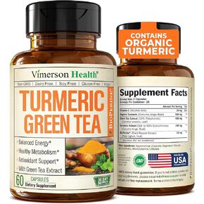 Green Tea Extract Capsules - Green Tea Supplement with Organic Turmeric Curcumin, Black Pepper & Vitamin C for Joint Health, Antioxidant Support & Healthy Metabolism. Vegan & Non-GMO - 60 Capsules