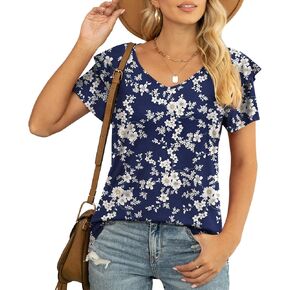 Womens Summer Tops Casual V Neck Ruffle Short Sleeve T shirts Loose Fit Blouses