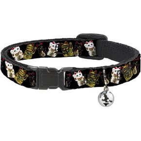 Cat Collar Breakaway Maneki Neko Lucky Cats Gold Black White 8 to 12 Inches 0.5 Inch Wide