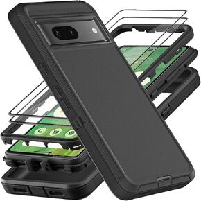 for Google Pixel 7 Case, Military Grade 3 in 1 Heavy Duty Shockproof/Drop Proof/Dust Proof Case with 2Pcs Tempered Glass Screen Protector (Black/Black)