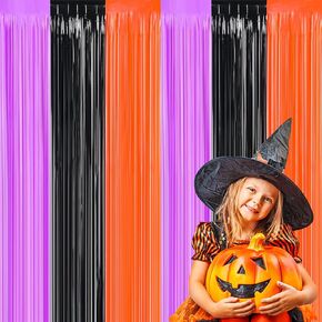 FOIMAS 3 Pack Halloween Tinsel Foil Fringe Curtain,3.3x6.6ft Black Orange Purple Tinsel Fringe Streamers Photo Booth Prop for Halloween Party Decoration Back Drop