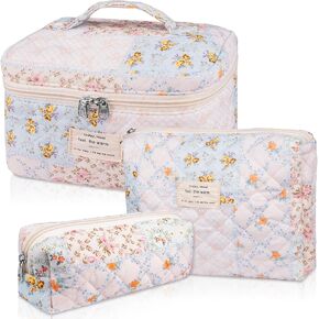 Makeup Bag Set, Quilted Makeup Bag, Large Floral Cosmetic Bag for Women, Cute Cotton Makeup Bag, Flower Travel Toiletry Organizer Bag(Color-Coded Floral)