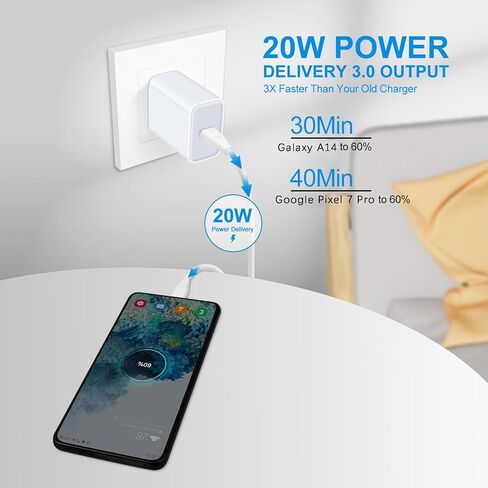 شاحن USB C Samsung سريع لجهاز Galaxy A16 A14 5G A15 A13 A53 A54 A24 A03s S24 S23 S22 Ultra S21 S20 FE، كتلة محول طاقة PD 20 واط وكابل شاحن 6 أقدام C شحن سريع لـ Google Pixel 9 8 7 6 Pro 7A in Kuwait