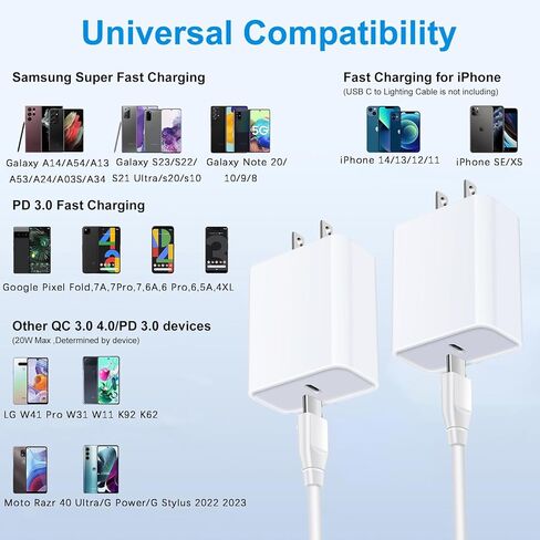 شاحن USB C Samsung سريع لجهاز Galaxy A16 A14 5G A15 A13 A53 A54 A24 A03s S24 S23 S22 Ultra S21 S20 FE، كتلة محول طاقة PD 20 واط وكابل شاحن 6 أقدام C شحن سريع لـ Google Pixel 9 8 7 6 Pro 7A in Kuwait