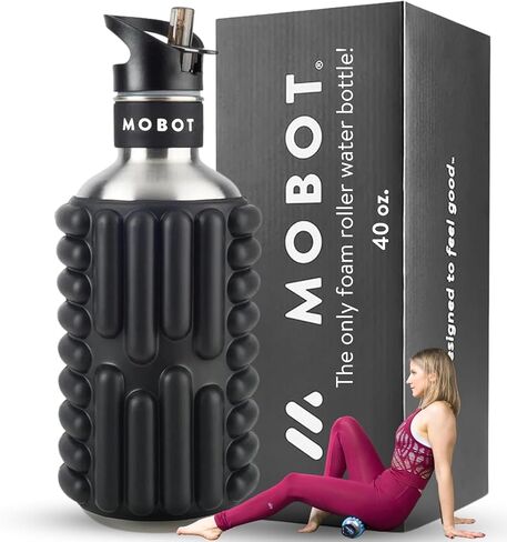 MOBOT Portable Travel Foam Roller Water Bottle with Sip Straw, Stainless Steel Screw Lid | Insulated Sports Water Bottle and Foam Rollers for Yoga, Workout, Home Gym, & Exercise 40oz. (Aqua) in Saudi Arabia