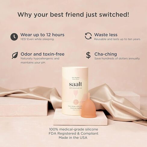 Saalt Soft Menstrual Cup - Best Sensitive Reusable Period Cup - Wear for 12 Hours - Tampon and Pad Alternative (Regular (Pack of 1), Desert Blush) in Saudi Arabia