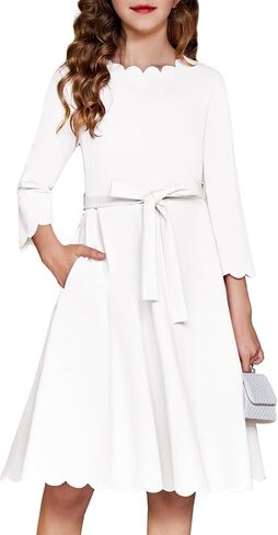 Arshiner Girls Party Dress Scallop Trim Belted A-Line Formal Midi Dresses with Pockets for 6-15Y in Saudi Arabia