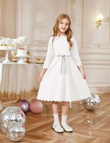 Arshiner Girls Party Dress Scallop Trim Belted A-Line Formal Midi Dresses with Pockets for 6-15Y in Saudi Arabia