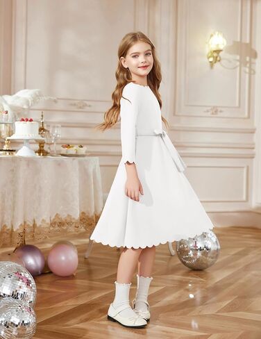 Arshiner Girls Party Dress Scallop Trim Belted A-Line Formal Midi Dresses with Pockets for 6-15Y in Saudi Arabia