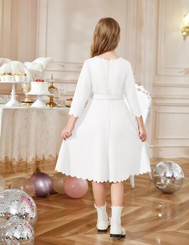 Arshiner Girls Party Dress Scallop Trim Belted A-Line Formal Midi Dresses with Pockets for 6-15Y in Saudi Arabia