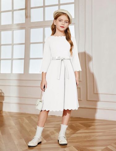 Arshiner Girls Party Dress Scallop Trim Belted A-Line Formal Midi Dresses with Pockets for 6-15Y in Saudi Arabia