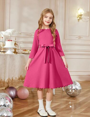 Arshiner Girls Party Dress Scallop Trim Belted A-Line Formal Midi Dresses with Pockets for 6-15Y in Kuwait