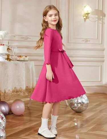 Arshiner Girls Party Dress Scallop Trim Belted A-Line Formal Midi Dresses with Pockets for 6-15Y in Kuwait