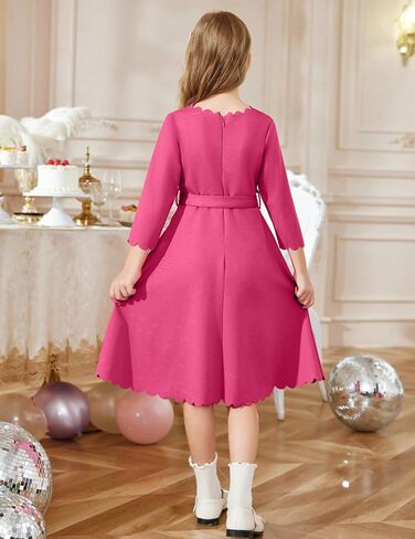Arshiner Girls Party Dress Scallop Trim Belted A-Line Formal Midi Dresses with Pockets for 6-15Y in Kuwait