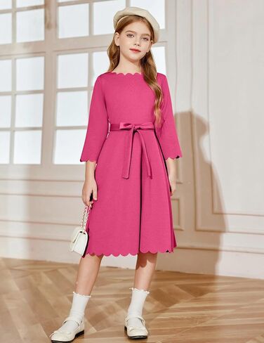 Arshiner Girls Party Dress Scallop Trim Belted A-Line Formal Midi Dresses with Pockets for 6-15Y in Kuwait