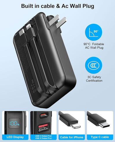 Portable Charger with Built-in Cables & AC Wall Plug, 22.5W Fast Charging 38800mAh USB C in & Out Power bank, Travel Essentials LED Display Phone Battery Pack, Compatible with iPhone Android, etc in Saudi Arabia