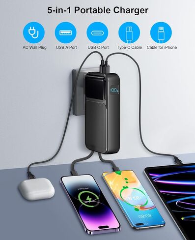 Portable Charger with Built-in Cables & AC Wall Plug, 22.5W Fast Charging 38800mAh USB C in & Out Power bank, Travel Essentials LED Display Phone Battery Pack, Compatible with iPhone Android, etc in Saudi Arabia