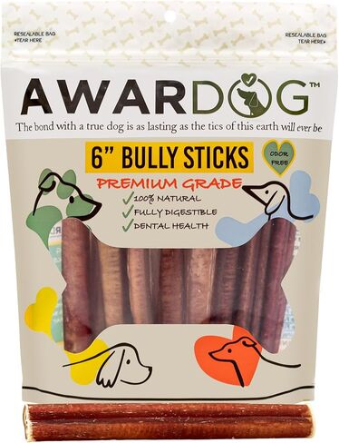Odor-Free Bully Sticks (6 Inch, 6 Pack Medium Thickness), Fully Digestible 100% Beef Pizzle Chews, Grass-Fed, Grain-Free, Natural Long-Lasting Chews for Small & Large Dogs -6 Count in Saudi Arabia