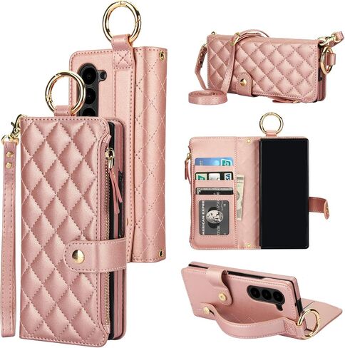 KIHUWEY for Galaxy Z Fold 6 Wallet Case with Card Holder Premium Leather Magnetic RFID Blocking Shockproof Zipper Wrist Strap Lanyard Cover for Samsung Galaxy Z Fold 6 7.6 Inch (Black) in Saudi Arabia