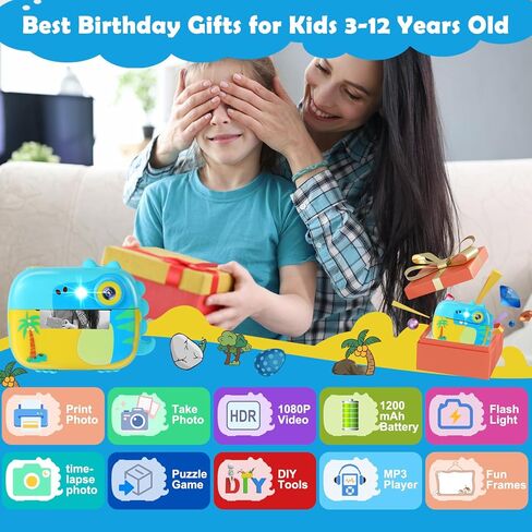طباعة فورية لكاميرا الأطفال، كاميرا 1080 بكسل للأطفال مع 7 لفات ورق طباعة، ألعاب أطفال للأعمار من 3 إلى 14 عامًا، هدايا عيد الميلاد للأولاد من سن 4 إلى 10 سنوات in Kuwait