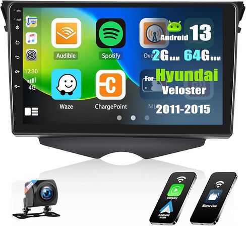 [8 Core 4G+64G] ستيريو سيارة Android 13 لسيارة Hyundai Veloster 2011-2015 مع Apple Carplay Android Auto، راديو سيارة بشاشة لمس 9 بوصة مع نظام ملاحة WiF/GPS، بلوتوث، FM/RDS، SWC+AHD كاميرا احتياطية in Kuwait