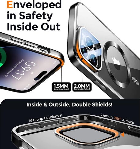 [حامل وشحن، كلاهما في وقت واحد] حافظة مغناطيسية لهاتف iPhone 16 Pro Max مع مسند للكاميرا [متوافقة مع Magsafe] حماية للكاميرا، مصد طلاء عسكري تم اختباره ضد السقوط، حلقة CD، غطاء شفاف نحيف - ذهبي in Kuwait