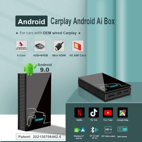 صندوق Carplay للسيارة والمنزل، Qualcomm 8-core، 4G Cellular، محول لاسلكي يناسب السيارات مع OEM Wired CarPlay، يدعم YouTube، Netflix، Google Play، Android Auto&CarPlay اللاسلكي (4G+64G)، أسود، V319 in Saudi Arabia