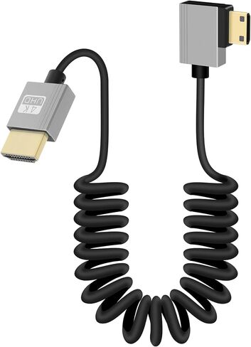 RIIEYOCA 4K Short Mini HDMI to HDMI Coiled Cable, 90 Degree Left Angle HDMI Male to Mini HDMI Male Cable,18Gbps High Speed HDMI 2.0 Support 4K@60Hz,Compatible with Cameras,Monitors (3FT/0.9M) in Kuwait