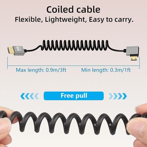 RIIEYOCA 4K Short Mini HDMI to HDMI Coiled Cable, 90 Degree Left Angle HDMI Male to Mini HDMI Male Cable,18Gbps High Speed HDMI 2.0 Support 4K@60Hz,Compatible with Cameras,Monitors (3FT/0.9M) in Kuwait