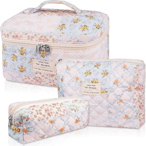 Makeup Bag Set, Quilted Makeup Bag, Large Floral Cosmetic Bag for Women, Cute Cotton Makeup Bag, Flower Travel Toiletry Organizer Bag(Color-Coded Floral) in Saudi Arabia