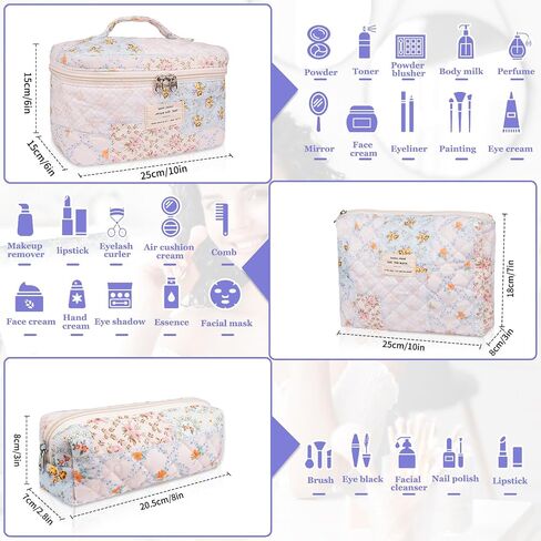 Makeup Bag Set, Quilted Makeup Bag, Large Floral Cosmetic Bag for Women, Cute Cotton Makeup Bag, Flower Travel Toiletry Organizer Bag(Color-Coded Floral) in Saudi Arabia
