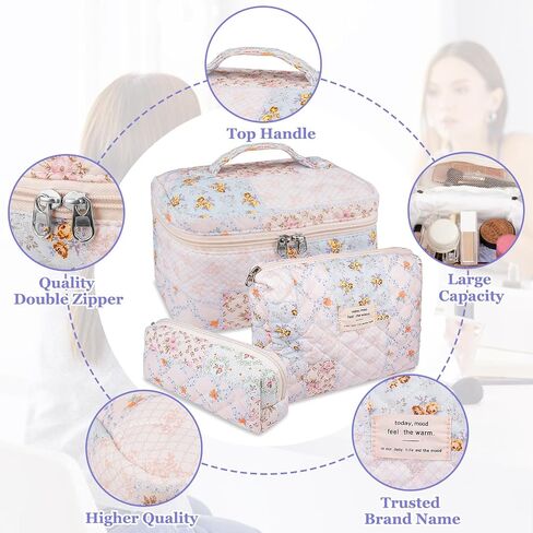 Makeup Bag Set, Quilted Makeup Bag, Large Floral Cosmetic Bag for Women, Cute Cotton Makeup Bag, Flower Travel Toiletry Organizer Bag(Color-Coded Floral) in Saudi Arabia
