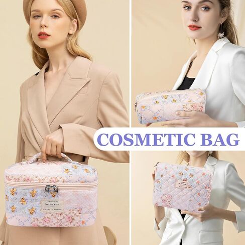 Makeup Bag Set, Quilted Makeup Bag, Large Floral Cosmetic Bag for Women, Cute Cotton Makeup Bag, Flower Travel Toiletry Organizer Bag(Color-Coded Floral) in Saudi Arabia
