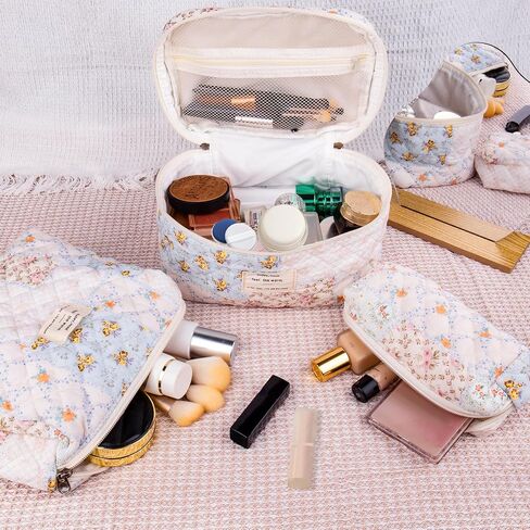 Makeup Bag Set, Quilted Makeup Bag, Large Floral Cosmetic Bag for Women, Cute Cotton Makeup Bag, Flower Travel Toiletry Organizer Bag(Color-Coded Floral) in Saudi Arabia