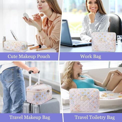 Makeup Bag Set, Quilted Makeup Bag, Large Floral Cosmetic Bag for Women, Cute Cotton Makeup Bag, Flower Travel Toiletry Organizer Bag(Color-Coded Floral) in Saudi Arabia