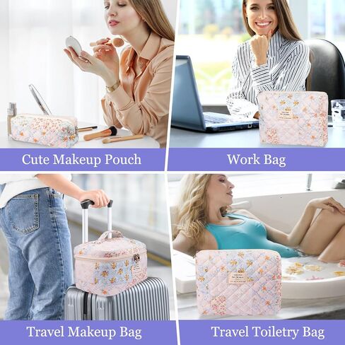 Makeup Bag Set, Quilted Makeup Bag, Large Floral Cosmetic Bag for Women, Cute Cotton Makeup Bag, Flower Travel Toiletry Organizer Bag(Color-Coded Floral) in Saudi Arabia