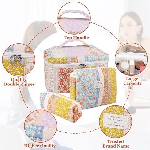 Makeup Bag Set, Quilted Makeup Bag, Large Floral Cosmetic Bag for Women, Cute Cotton Makeup Bag, Flower Travel Toiletry Organizer Bag(Color-Coded Floral) in Saudi Arabia