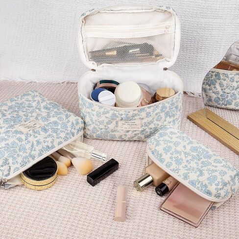 Makeup Bag Set, Quilted Makeup Bag, Large Floral Cosmetic Bag for Women, Cute Cotton Makeup Bag, Flower Travel Toiletry Organizer Bag(Color-Coded Floral) in Saudi Arabia
